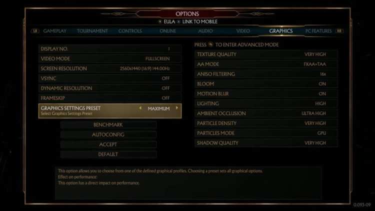 Mortal Kombat 11 PC Graphics Settings Screen