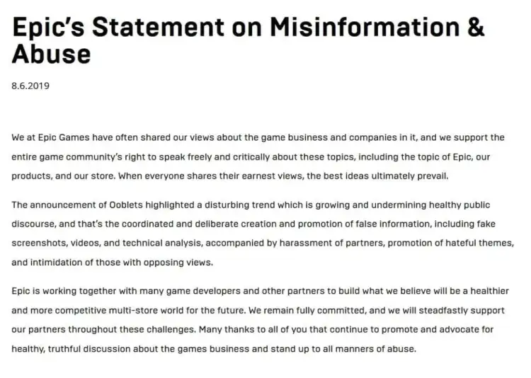 Epic Games Statement On Misinformation And Abuse