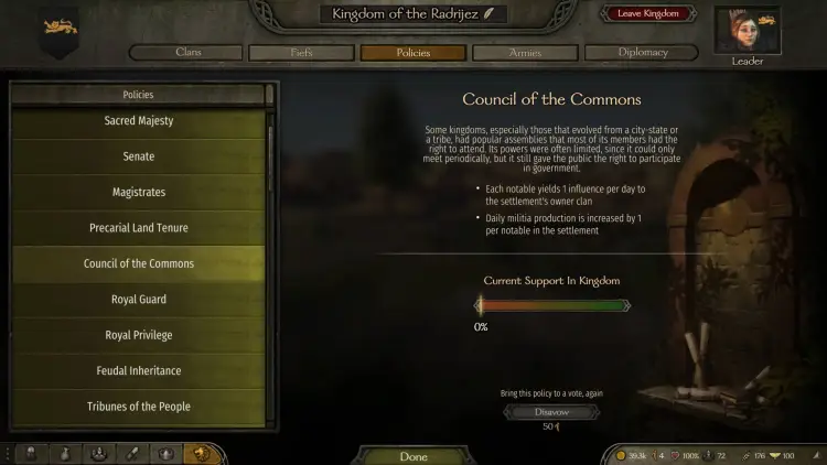 Mount & Blade Ii Bannerlord Mount And Blade Ii Bannerlord How To Increase Influence As A Kingdom Ruler Kingdom Policies Laws 2