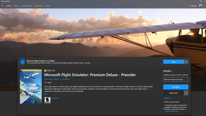 Microsoft Flight Simulator Windoes Store Page