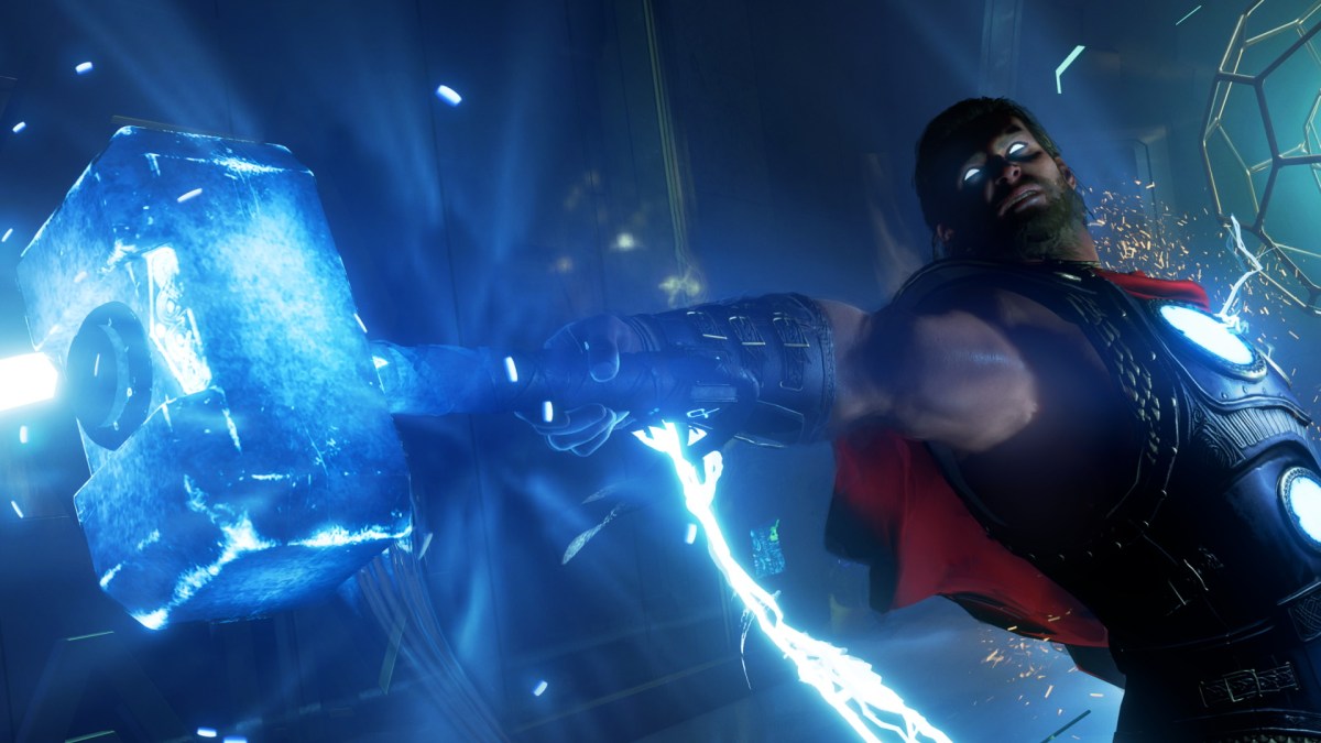 Thor holding his hammer, Mjolnir, with lightning coming from his eyes and hammer.