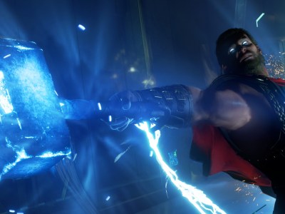 Thor holding his hammer, Mjolnir, with lightning coming from his eyes and hammer.