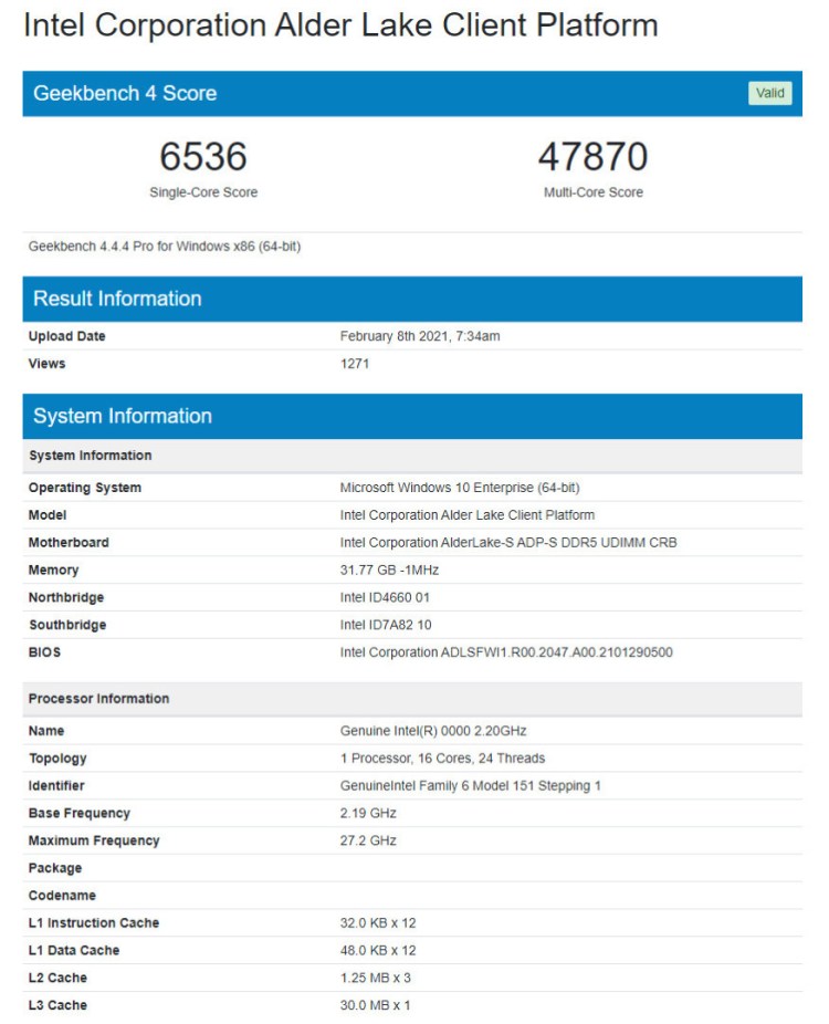 Intel Alder Lake leaked benchmark 27 ghz