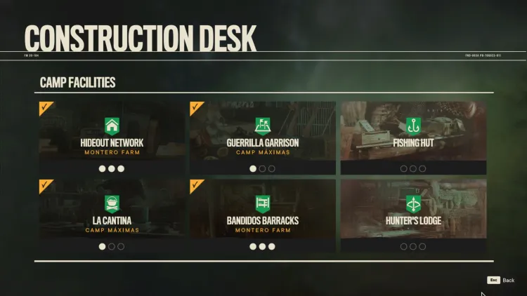 Far Cry 6 Best Camp Facilities Buildings Upgrades Construction Desk Hideout Network Bandidos Barracks Hunter's Lodge Feat