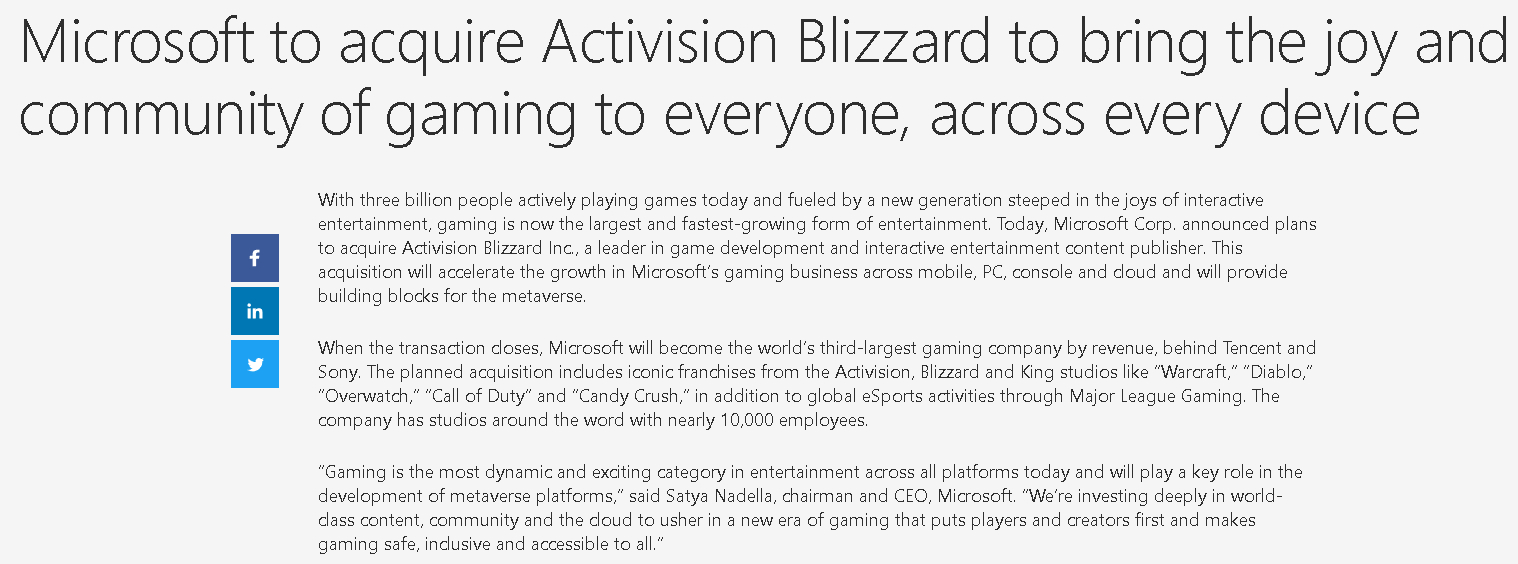 Microsoft to acquire Activision Blizzard to bring the joy and community of  gaming to everyone, across every device - Stories