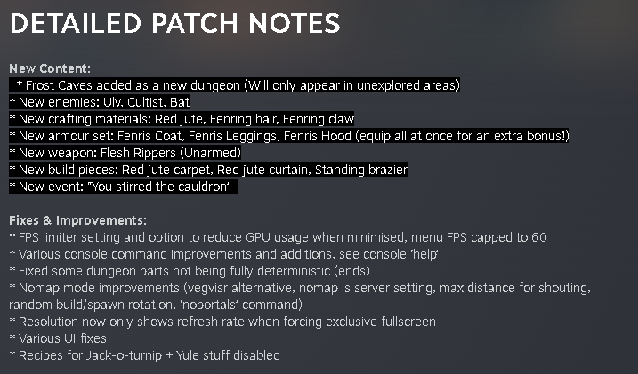 Valheimk Frost Caves Condensed Patch Notes