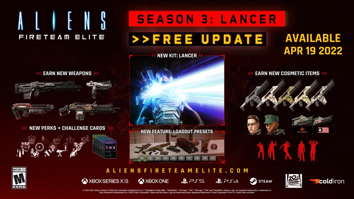 Aliens Fireteam Elite Season 3 New Guns Lancer Kit April Content
