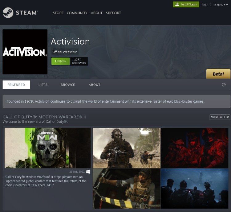 Activision On Steam Page