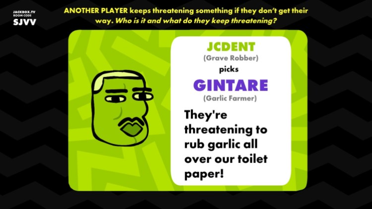 Jackbox Party Pack 9 review: JcDent, a Grave Rober, claims that Gitare, a Garlic Farmer, is threatening to rub garlic all over the communal toilet paper