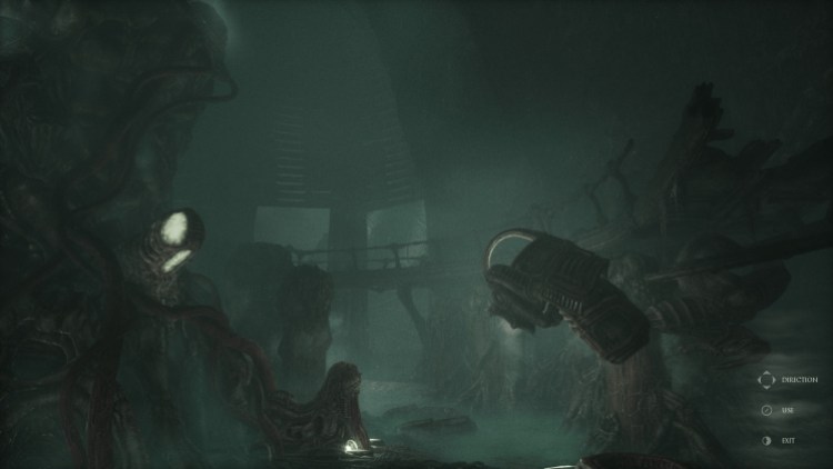 Scorn Review: a dark gloomy space with some ruined vertical vats and some penile protrusions. 