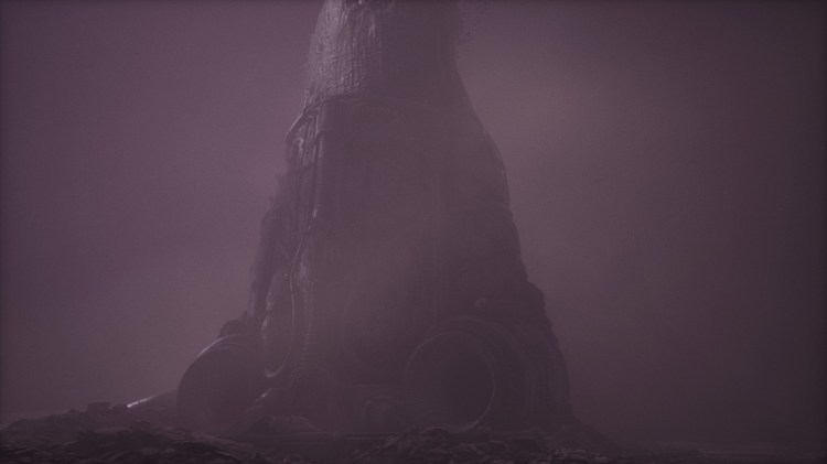 Scorn Review: penumbra púrpura del desierto con una torre vagamente orgánica que se eleva fuera de ella 