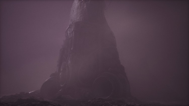 Scorn Review: purple desert gloom with a vaguely organic tower rising out of it 