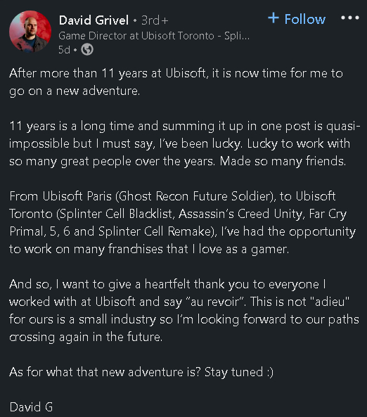 David Grivel Ubisoft Game Director Departure Announcement