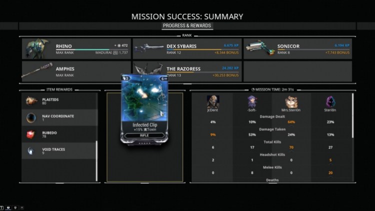Ancient Warframe screenshow showing an end-mission screen where it says that I found two upgrades that make Rifle fire toxic