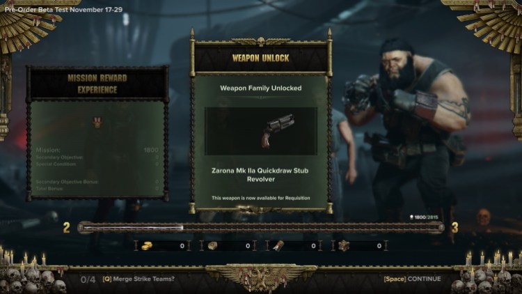 Warhammer 4000 Darktide mission end screen showing that I unlocked pistols for purchase. 