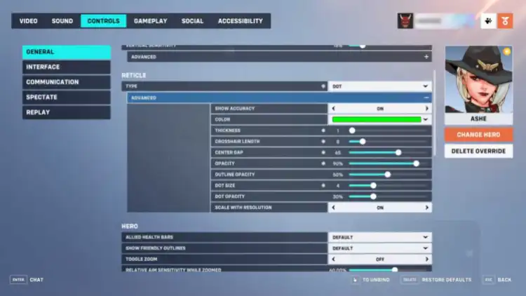 The best crosshair for Ashe in Overwatch 2 settings