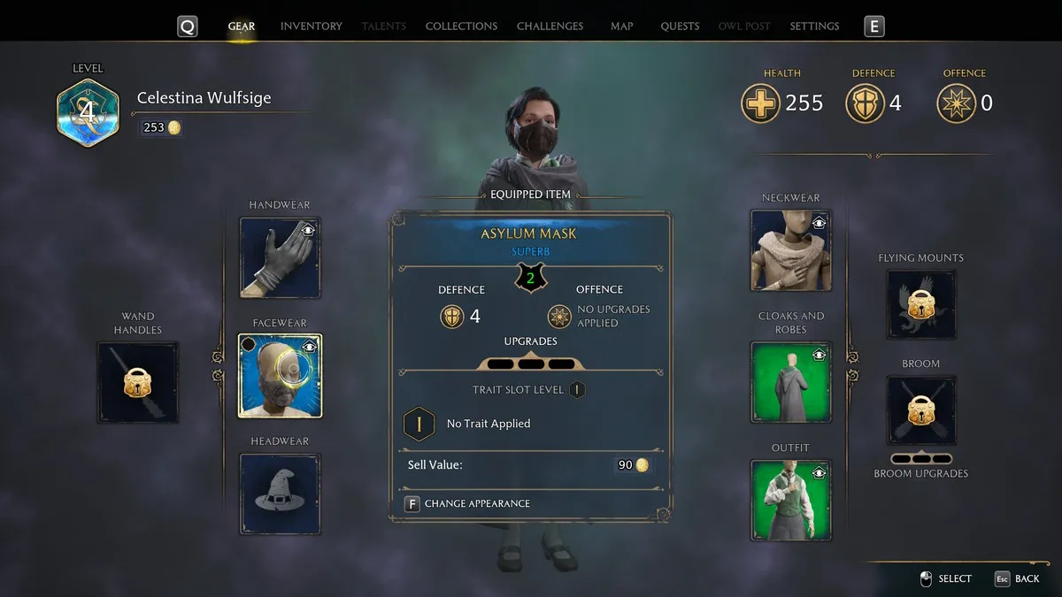 Hogwarts Legacy How To Transmog The Appearance Of Your Equipment Items gear Mask