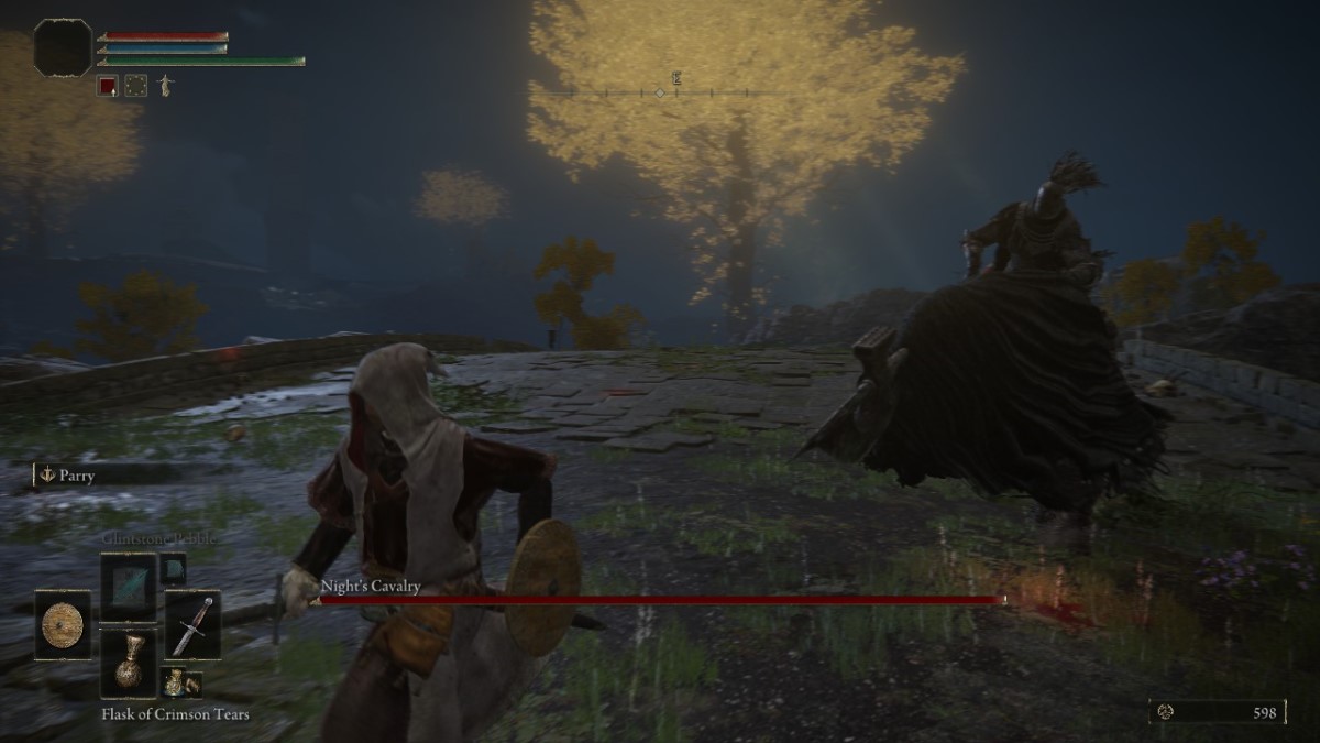 The player running away from the Night's Cavalry boss in Elden Ring.
