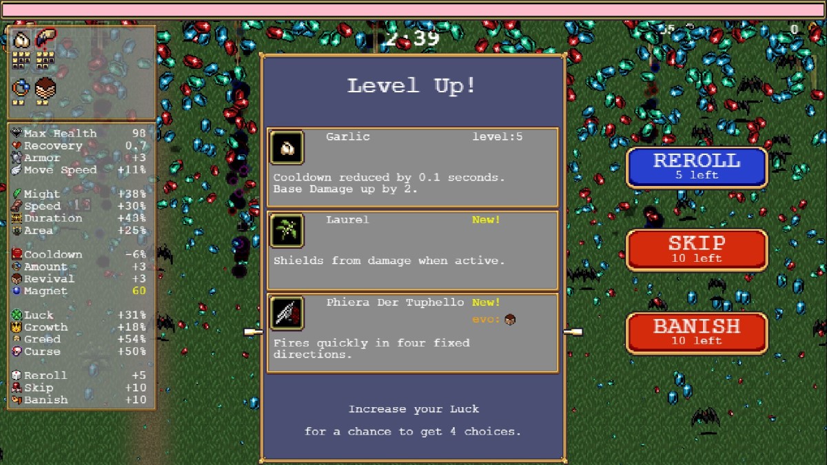 Vampire Survivors Arme Evolution Guide Phiera der Tuphelo