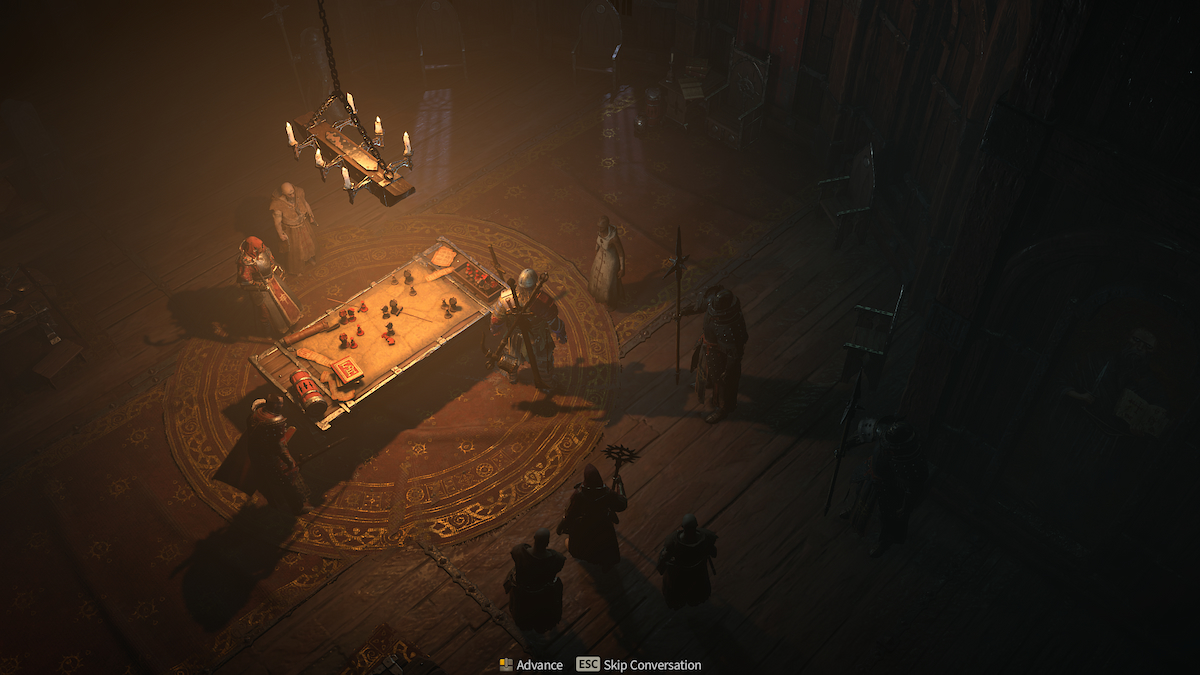 Игрок в Diablo 4 разговаривает с NPC со столом слева