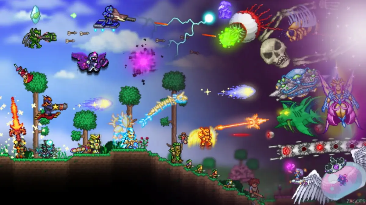 A screenshot of bosses in Terraria, a 2D game like Minecraft