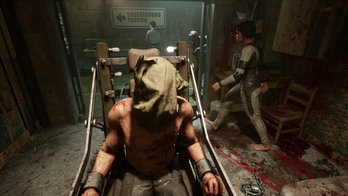 The Outlast Trials Character With Bag Over Head With Playes In The Background(1)
