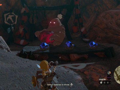 Totk Throwing A Cobble Crusher At A Goron