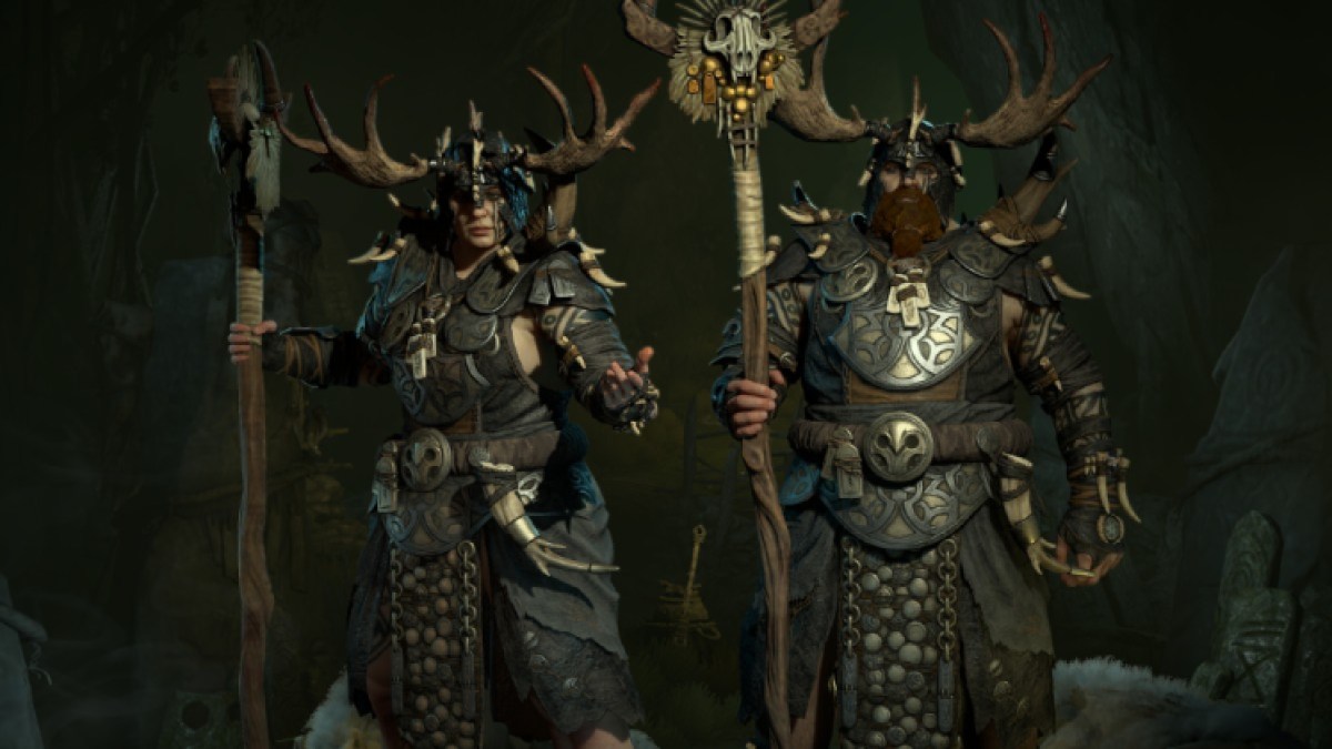 A masculine and feminine Druid stood by-side in Diablo 4