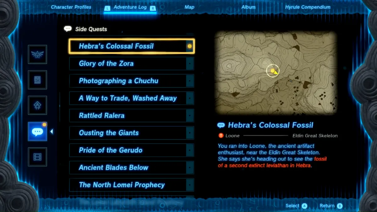 Hebra's Colossal Fossil Side Quest Zelda Tears Of The Kingdom (totk)