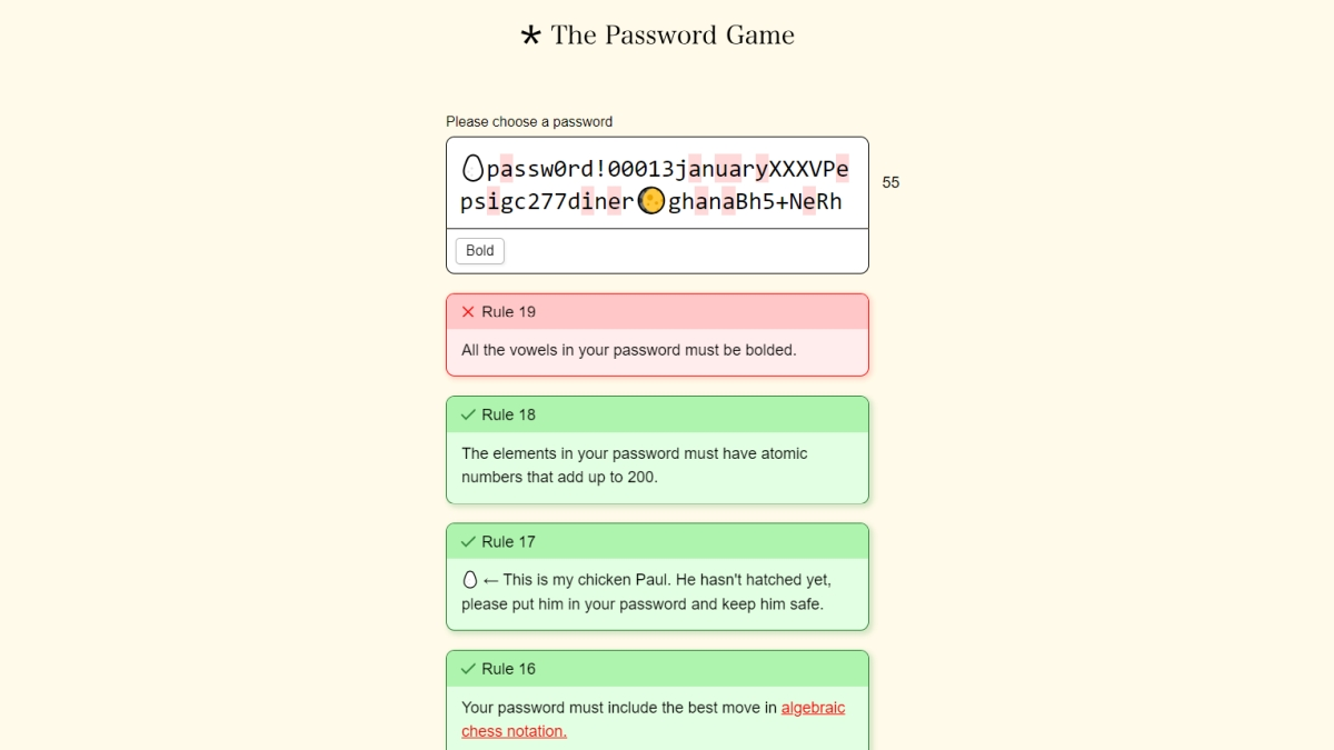 Password game Rule 18 A possible solution