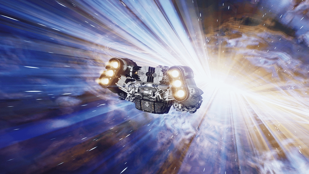 Starfield Spaceship Hurtling Toward Bright Light