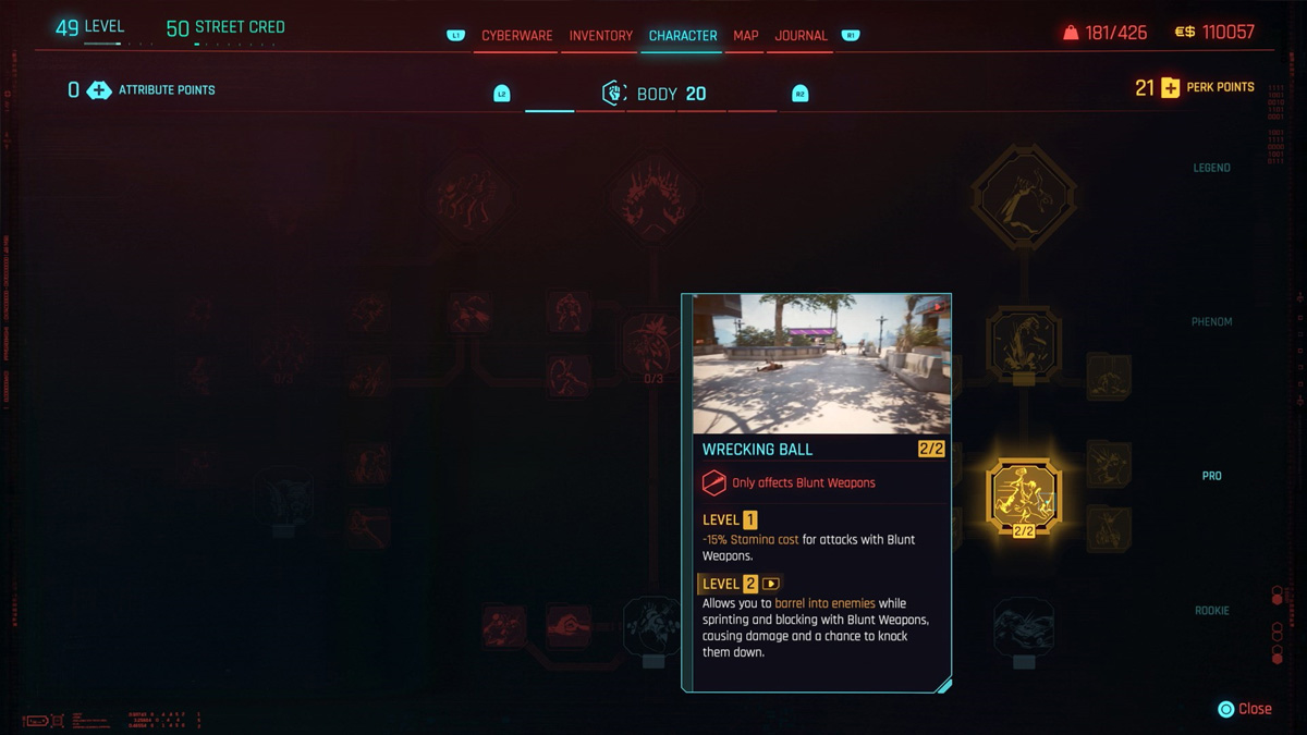 Cyberpunk 2077 Best Perks for Blunt Weapons