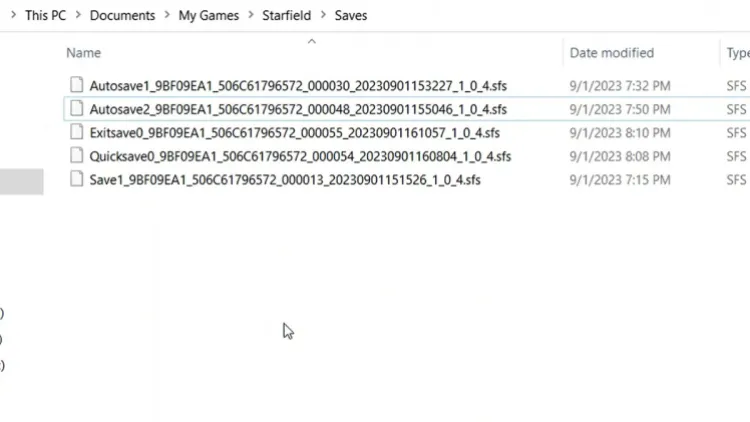 Windows Explorer Image Showing the Save File Location for Starfield