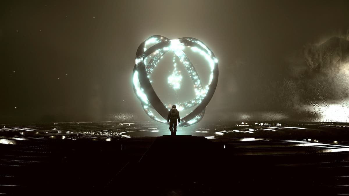 Starfield player standing in front of an Alien Ring inside a Temple