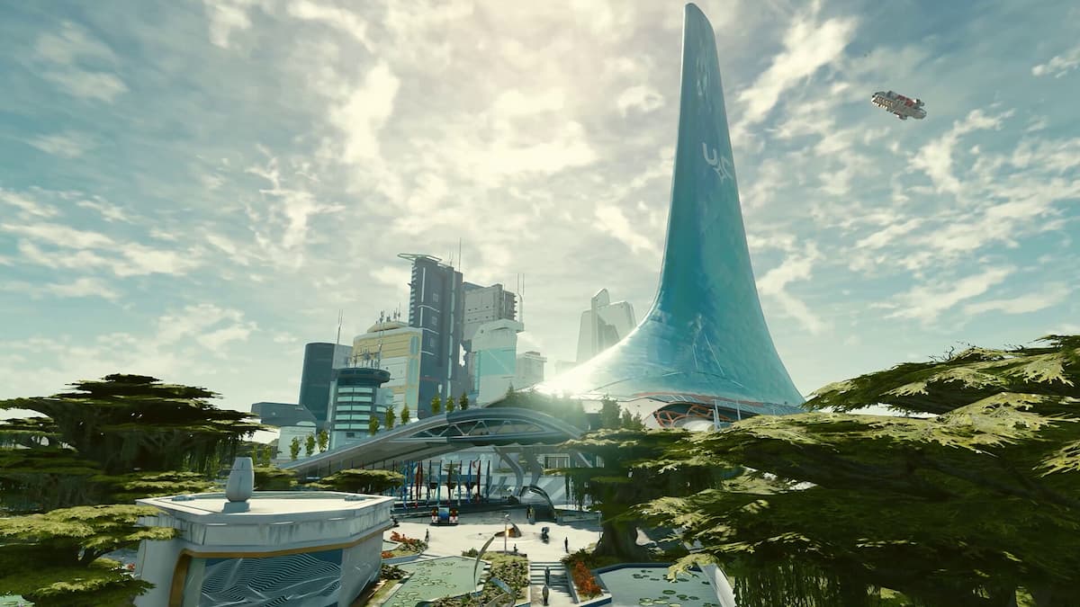 The United Colonies City Of Atlantis in Starfield. A ship is coming close to land next to a beautiful skyline.