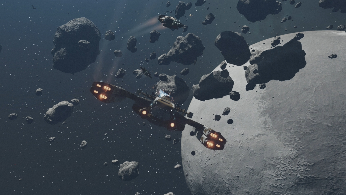 Starfield Battling Enemy Ships In Asteroid Belt