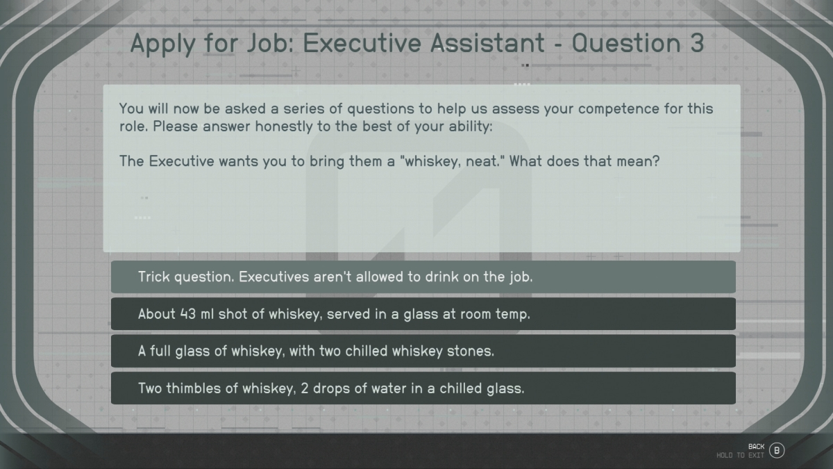 Starfield Red Tape Blues Whiskey Neat Question On Job Survey
