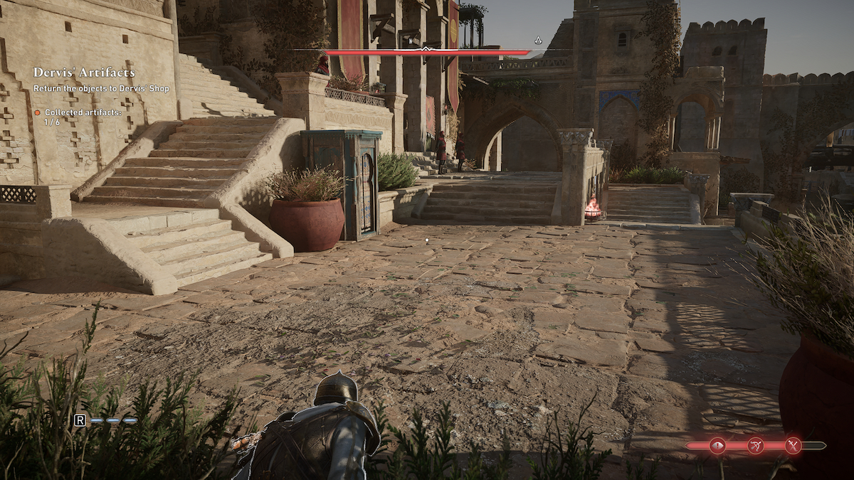 Assassin's Creed Mirage Basim Looking Abd Garuds On A Staricase