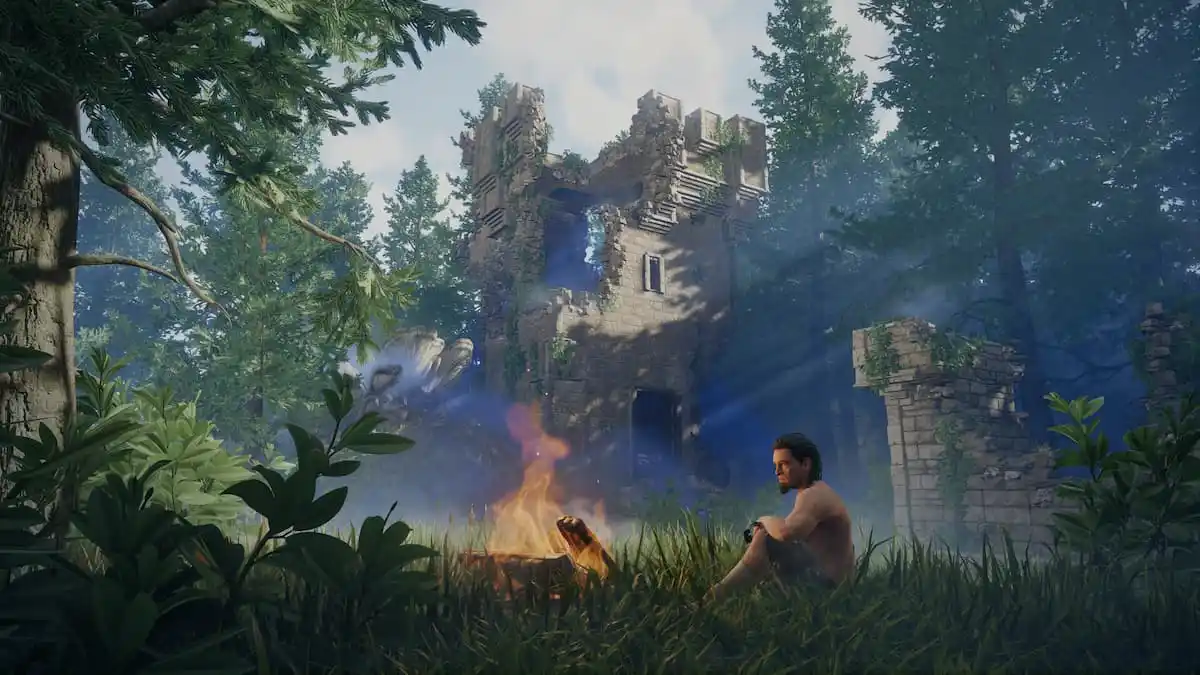 Enshrouded Player Next To A Campfire In The Woods Near Ruins