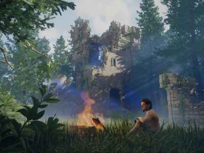 Enshrouded Player Next To A Campfire In The Woods Near Ruins