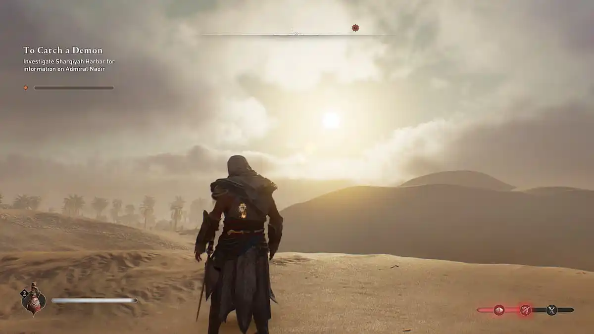 Assassin's Creed Mirage Basim In The Desert With Sun Over Him