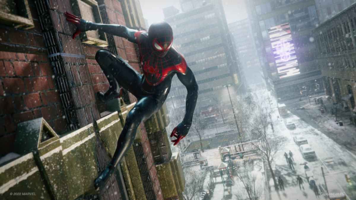 Marvels Spider Man Miles Morales Hanging On Building Of New York