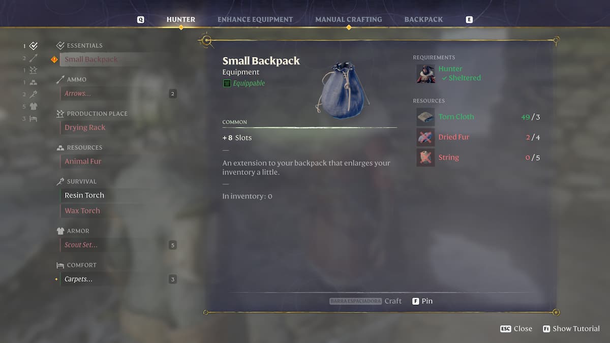 How to craft a bigger backpack in Enshrouded