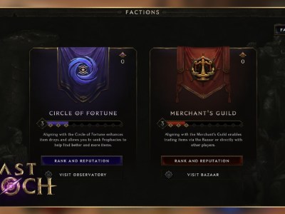 Last Epoch's Item Faction choice screen, offering the choice between the Circle of Fortune and Merchant's Guild