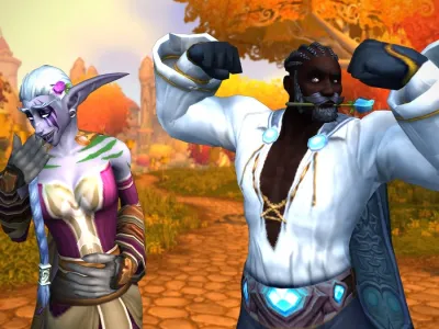 A "Love is in the Air" themed promotional image, featuring a human flexing with a rose in his mouth, while a night elf giggles