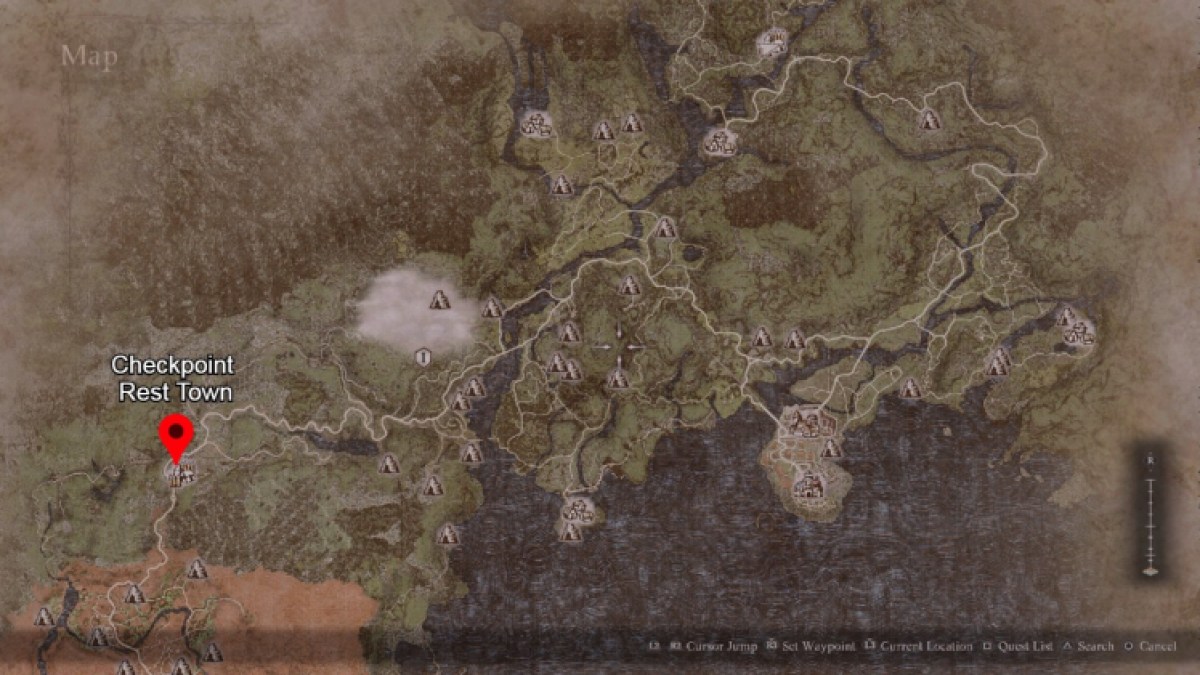 A screenshot of Dragon's Dogma 2's map with a pinpoint over Checkpoint Rest Town