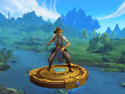 A World of Warcraft screenshot of a human riding the Compass Rose mount and wearing various Hearthstone 10th Anniversary reward items