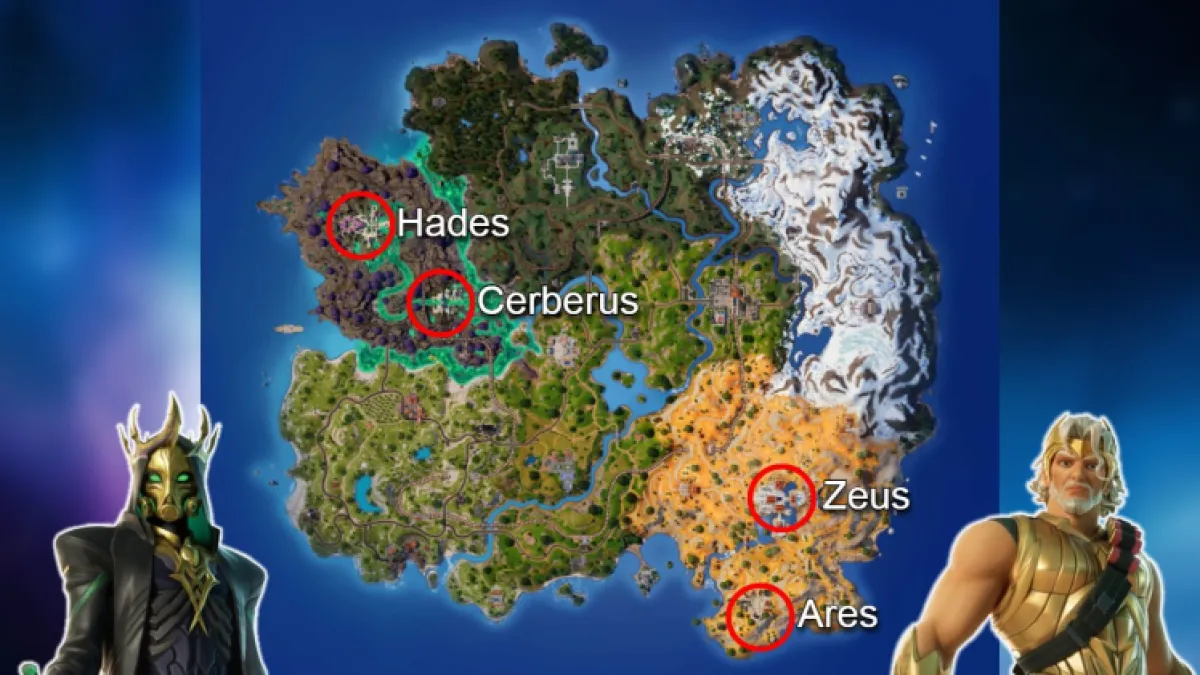 Circled locations of all Fortnite Chapter 5 Season 2 bosses (Hades, Zeus, Ares, and Cerberus)