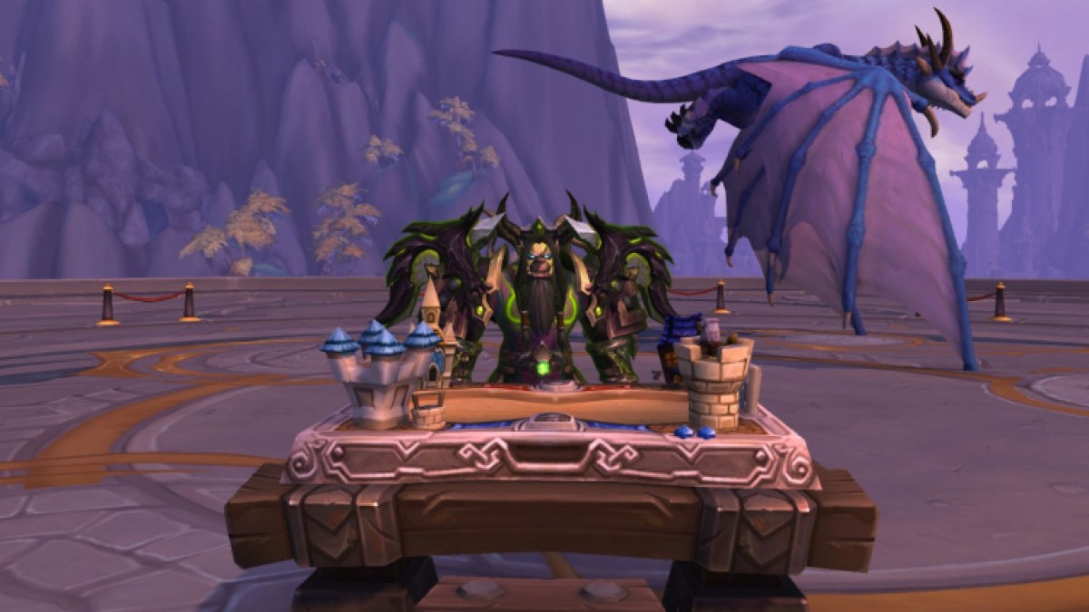 World of Warcraft screenshot - An orc stood behind the Hearthstone Game Table toy while a dragon swoops by
