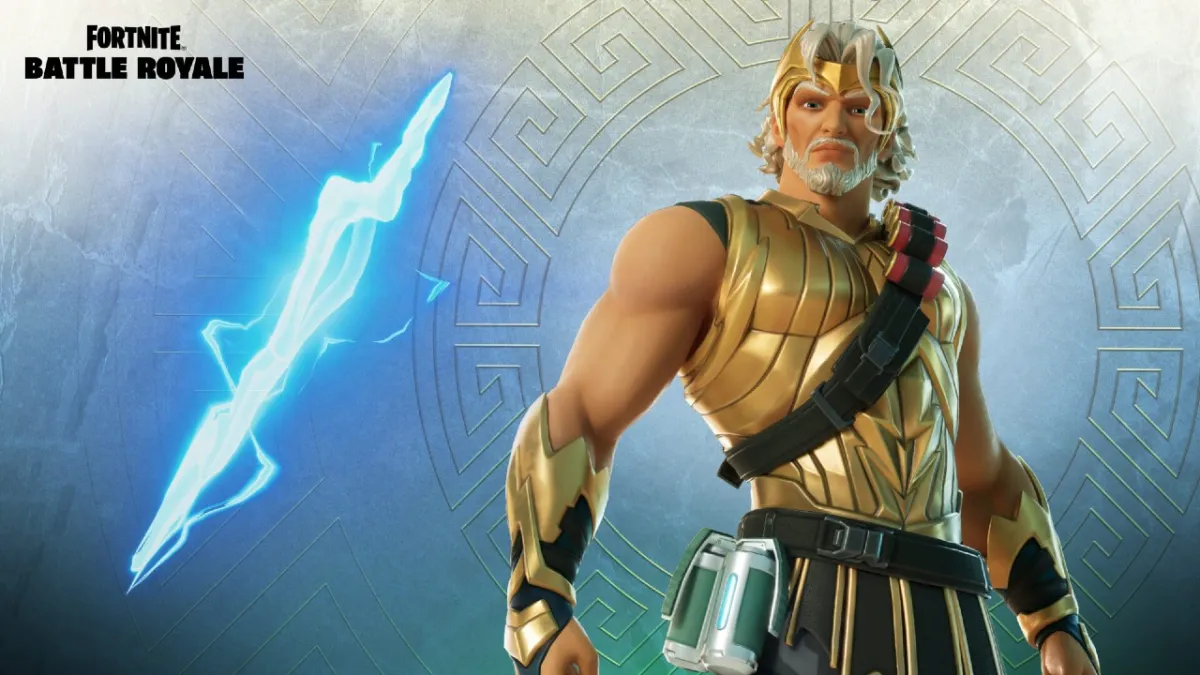 Fortnite's Zeus posing next to the Thunderbolt of Zeus Mythic weapon
